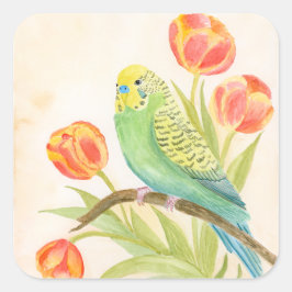 Parakeet with Tulips  Quadratischer Aufkleber