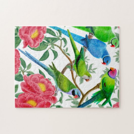 Parakeets im Pfingstrosen-Blumen-Puzzlespiel Puzzle (Horizontal)
