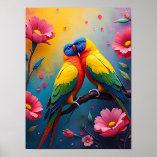 Parakets in schönen Farben und Blume Poster