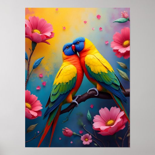 Parakets in schönen Farben und Blume Poster (Vorne)