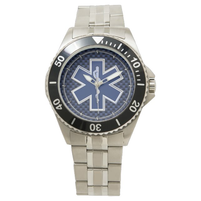 Paramedic des Lebens auf dem blauen Kohlenstoff-Fa Armbanduhr (Vorderseite)