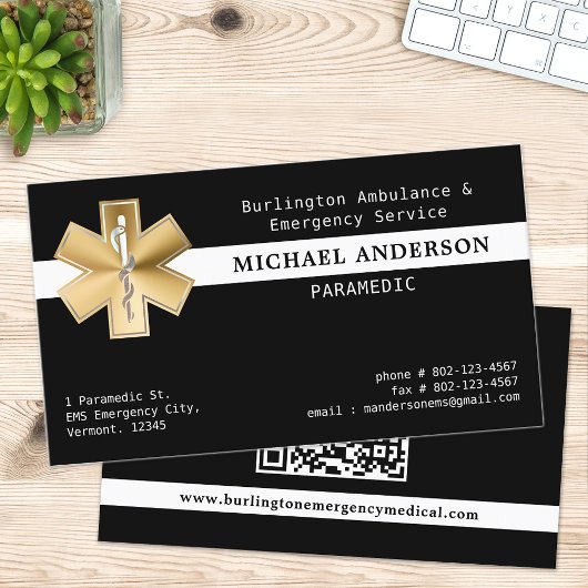 Paramedic EMS EMT Gold Ambulance Logo QR Code Visitenkarte