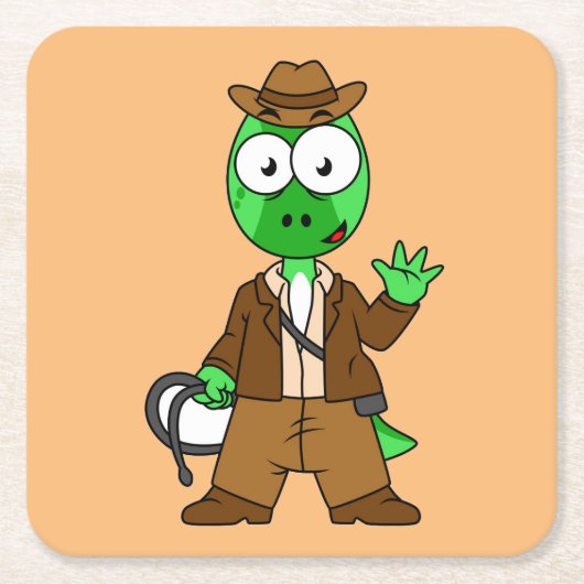 Parasaurolophus, verkleidet als Indiana Jones. Rechteckiger Pappuntersetzer (Vorderseite)