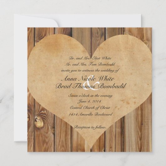 Parchment Heart Wood Country Hochzeit Einladung (Vorderseite)