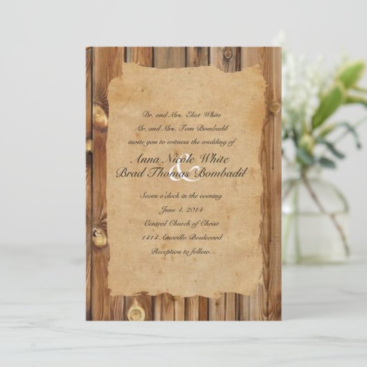Parchment Holz Rustikale Hochzeit Einladung (Stehend Vorderseite)