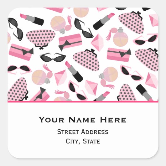 Parfüm-Purses und Lipstick-Adressenaufkleber Quadratischer Aufkleber (Vorderseite)