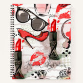 Parfüm, roter Lipstick und High Heeled Schuhe Notizblock (Vorderseite)