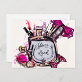 Parfüm, roter Lipstick und High Heeled Schuhe Postkarte (Vorne/Hinten)