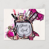 Parfüm, roter Lipstick und High Heeled Schuhe Postkarte (Vorderseite)