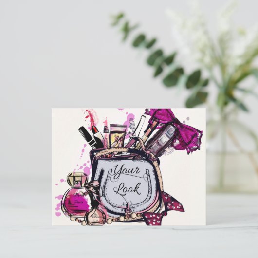 Parfüm, roter Lipstick und High Heeled Schuhe Postkarte (Stehend Vorderseite)