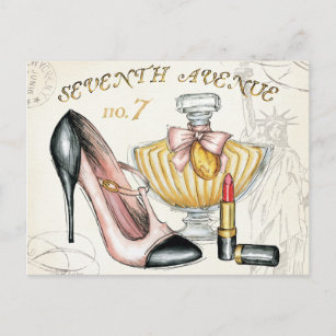 Parfüm, roter Lipstick und High Heeled Schuhe Postkarte
