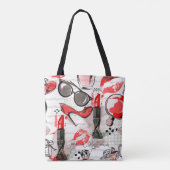 Parfüm, roter Lipstick und High Heeled Schuhe Tasche (Rückseite)