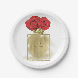 Parfümflakon Florale Mode rote Rosen goldener Glam Pappteller