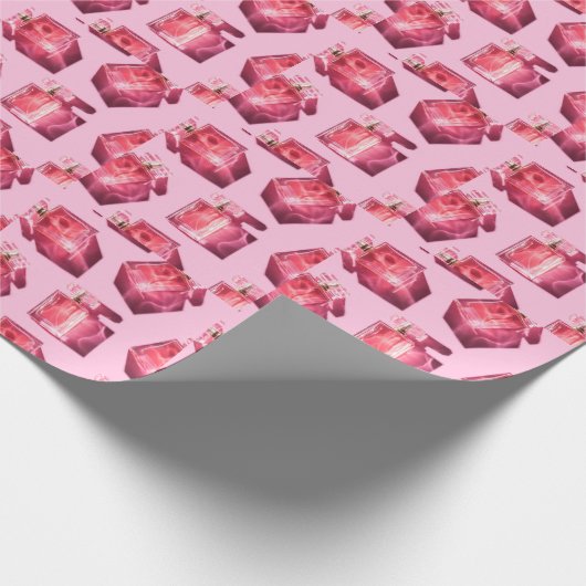 Parfümflaschen, rosa Hintergrund, flach Geschenkpapier (Ecke)