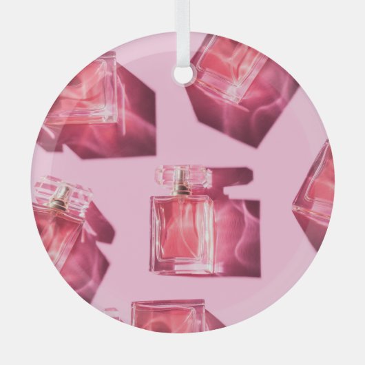 Parfümflaschen, rosa Hintergrund, flach Ornament Aus Glas (Vorderseite)