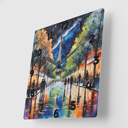 Paris am Abend über Regenwasser Quadratische Wanduhr (Winkel)