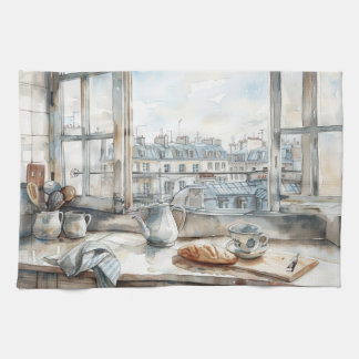 Paris Apartment Kitchen Watercolor with Rooftop Vi Geschirrtuch