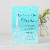 Paris Aquamarin Blue Glitzern Lights Quinceñera Einladung (Stehend Vorderseite)