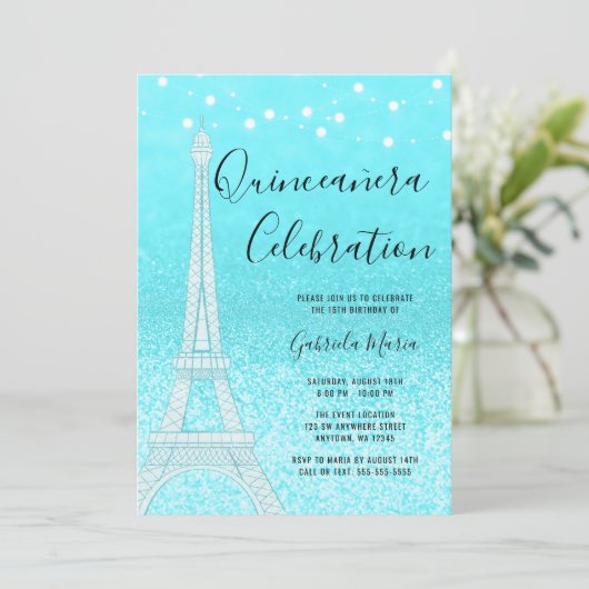 Paris Aquamarin Blue Glitzern Lights Quinceñera Einladung (Stehend Vorderseite)