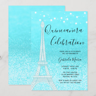 Paris Aquamarin Blue Glitzern Lights Quinceñera Einladung