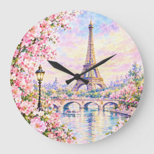 Paris Aquarell Eiffelturm Rosa Floral Französisch Große Wanduhr