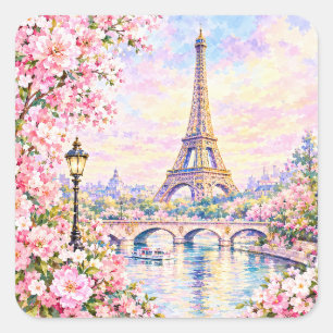 Paris Aquarell Eiffelturm Rosa Floral Französisch Quadratischer Aufkleber