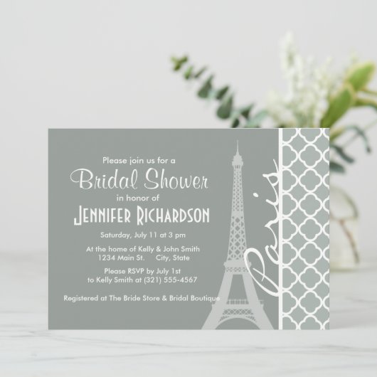 Paris; Ash Graue marokkanische Quatrefolie Einladung (Stehend Vorderseite)