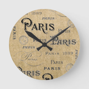 Paris auf Burlap Runde Wanduhr