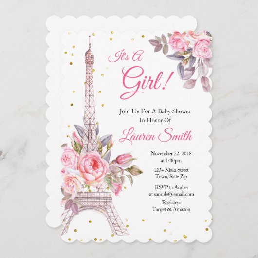 Paris Baby Dusche Einladung Eiffelturm (Vorne/Hinten)