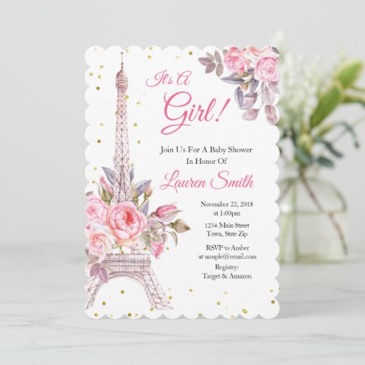 Paris Baby Dusche Einladung Eiffelturm (Stehend Vorderseite)