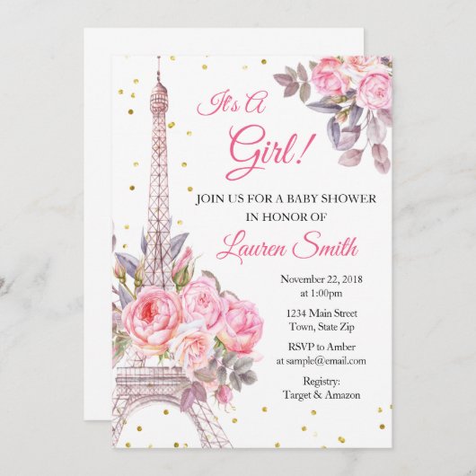 Paris Baby Dusche Einladung Eiffelturm (Vorne/Hinten)