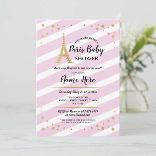 Paris Baby Dusche Girl Gold Pink Eiffelturm Einladung (Stehend Vorderseite)
