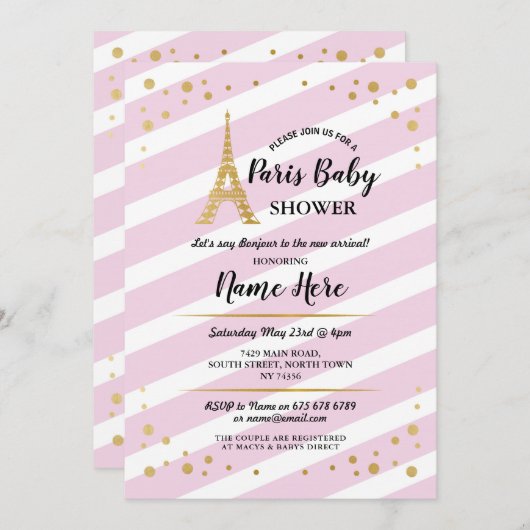 Paris Baby Dusche Girl Gold Pink Eiffelturm Einladung (Vorne/Hinten)