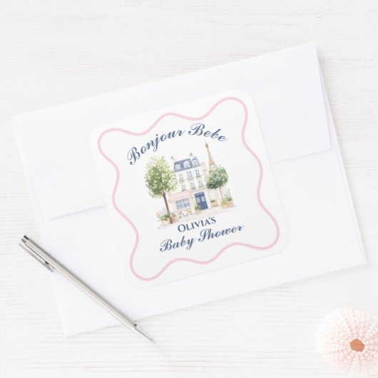 Paris Baby Shower Parisian Cafe Tea Party Quadratischer Aufkleber (Umschlag)