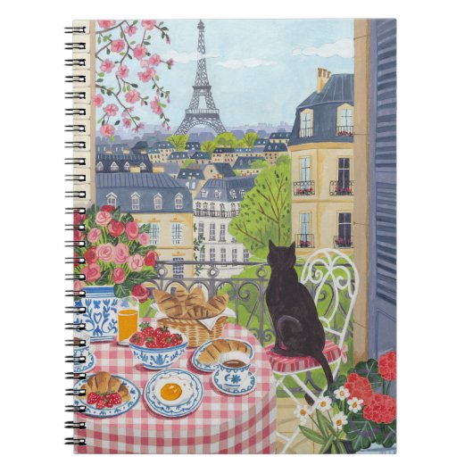 Paris Balcony Cat Breakfast Eiffel Tower Notebook Notizblock (Vorderseite)