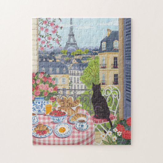 Paris Balcony Cat Breakfast Eiffel Tower Puzzle (Vertikal)