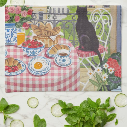 Paris Balcony Cat Breakfast Eiffel Tower Tea Towel Geschirrtuch (Gefaltet)