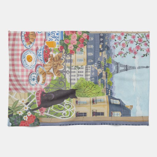 Paris Balcony Cat Breakfast Eiffel Tower Tea Towel Geschirrtuch (Horizontal)
