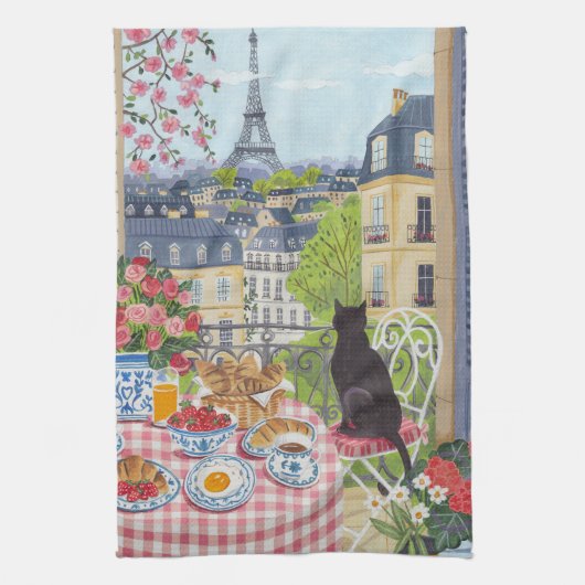 Paris Balcony Cat Breakfast Eiffel Tower Tea Towel Geschirrtuch (Vertikal)