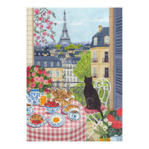 Paris Balkon Frühstück Katze Eiffelturm Blick Küns