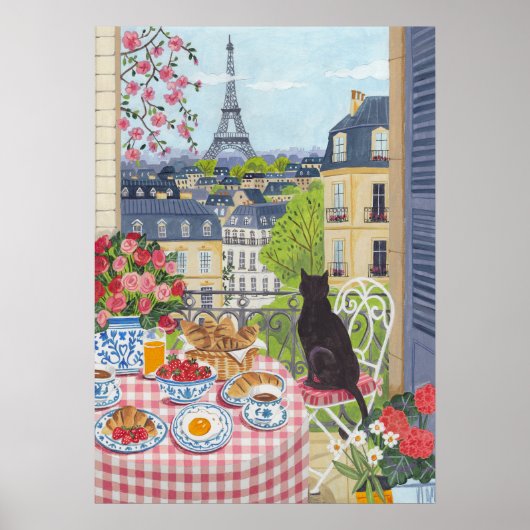 Paris Balkon Frühstück Katze Eiffelturm Blick Küns Poster (Vorne)
