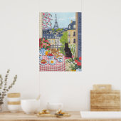 Paris Balkon Frühstück Katze Eiffelturm Blick Küns Poster (Küche)