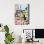 Paris Balkon Frühstück Katze Eiffelturm Blick Küns Poster (Heimbüro)