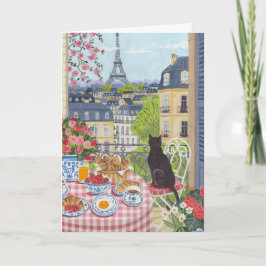 Paris Balkon Katze Frühstück Eiffelturm Grußkarte Karte