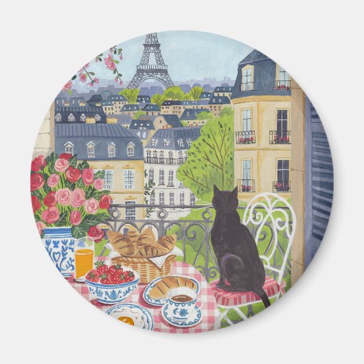 Paris Balkon Katze Frühstück Eiffelturm Kühlschran Magnet (Vorne)