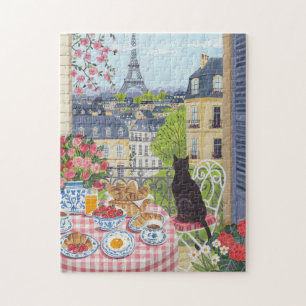 Paris Balkon Katze Frühstück Eiffelturm Puzzle