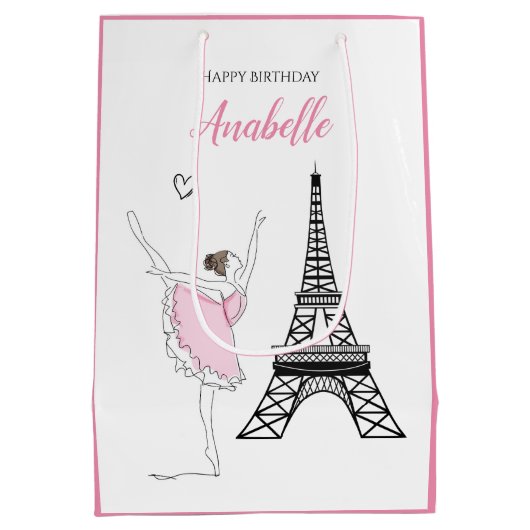 Paris Ballerina, Eiffelturm Rosa Ballett Geburtsta Mittlere Geschenktüte (Rückseite)