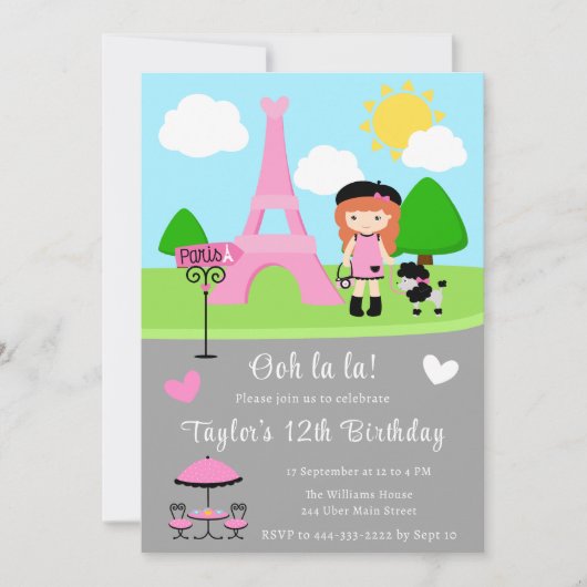 Paris Birthday Red Hair Girl and Poodle Einladung (Vorderseite)