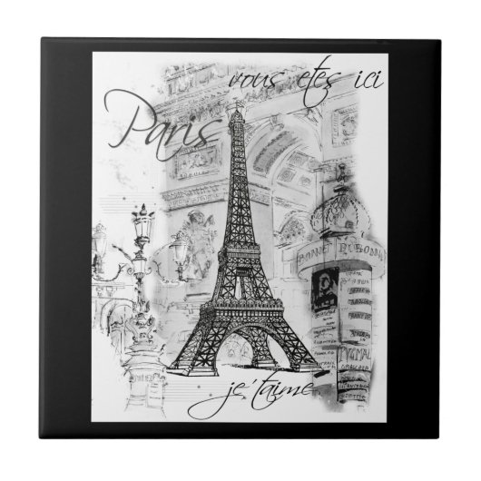 Paris Black & White Eiffel Tower Street Scene Fliese (Vorderseite)