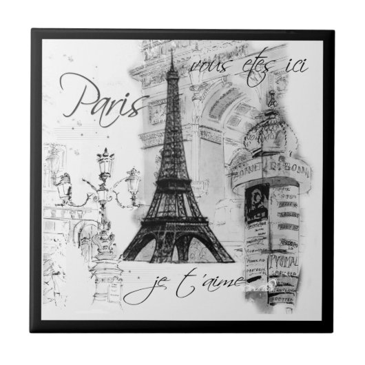 Paris Black & White Eiffel Tower Street Scene Fliese (Vorderseite)